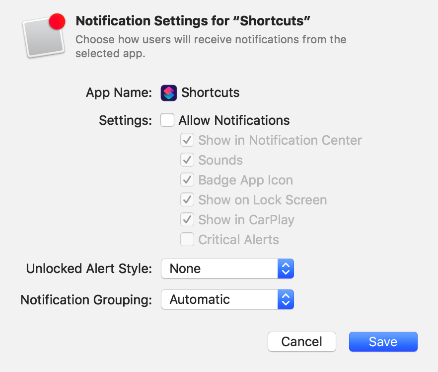 Notification Settings for Shortcuts in Apple Configurator 2