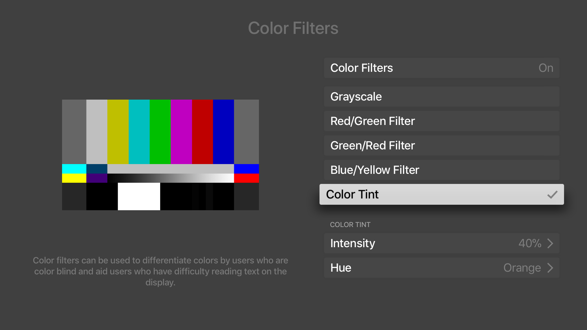 ‘Color Filter’ settings in tvOS